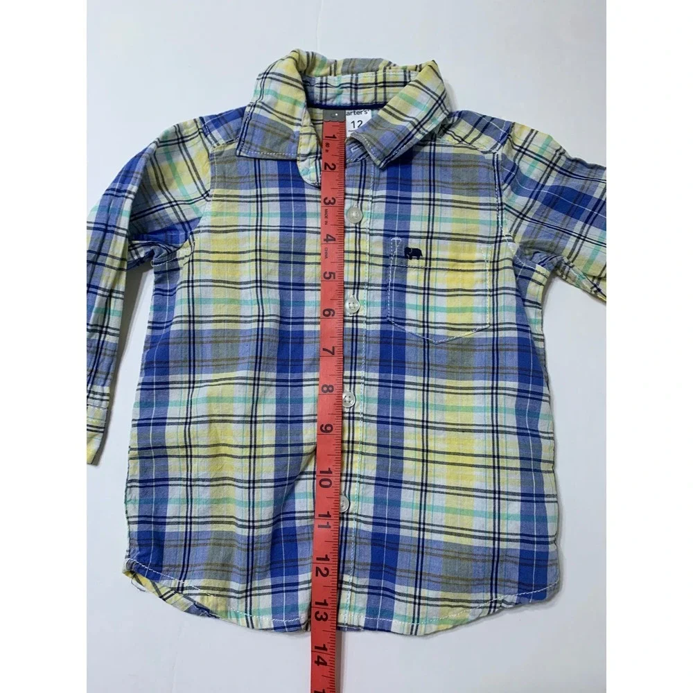 Carters Toddler‎ Button Down Shirts Lot of 2 Plaid Striped 12M 18M Blue Yellow
